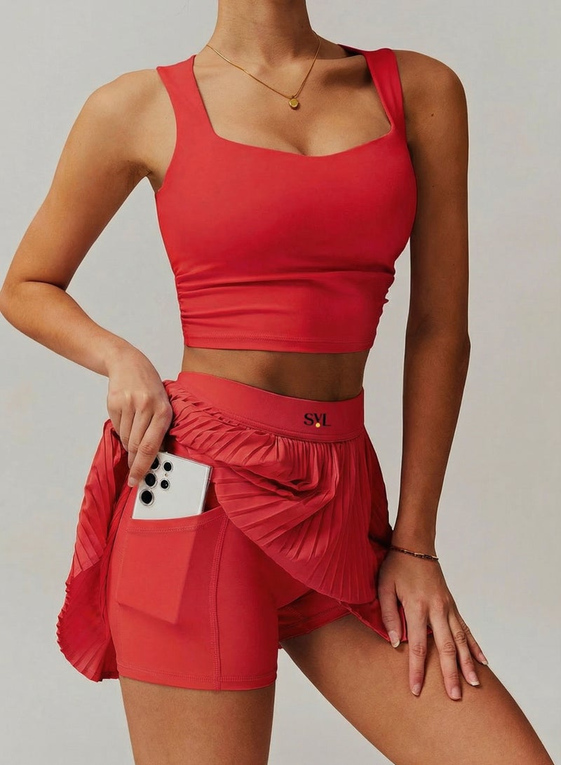 SVL High-Waist  Padel & Tennis Skirt with Built-in Shorts and Pocket - Red - SVL - Image 2
